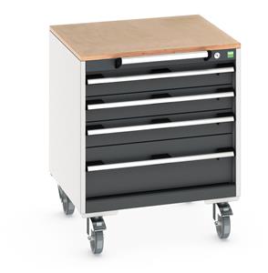 cubio mobile cabinet with 4 drawers & multiplex worktop. WxDxH: 650x650x790mm. RAL 7035/5010 or selected Bott Mobile Storage 650mm x 650mm Industrial Tool Trolleys